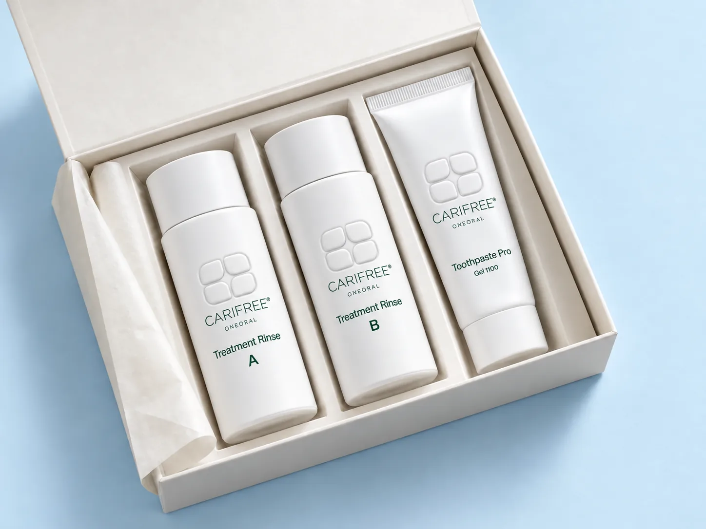An open ivory box holding CariFree-branded Treatment Rinse A and B bottles and Toothpaste Pro on a blue surface